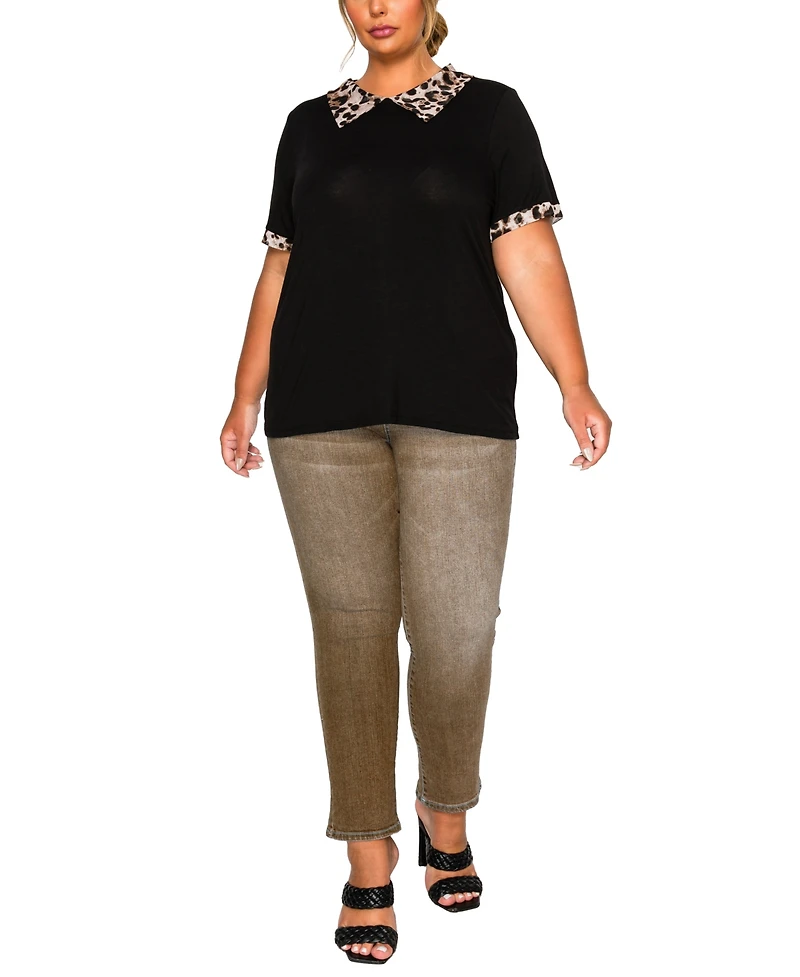 Coin 1804 Plus Leopard Print Mesh Collar Keyhole Back Short Sleeve Top