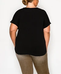 Coin 1804 Plus Leopard Print Mesh Pocket Shoulder Rolled Sleeve Top