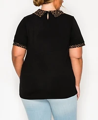 Coin 1804 Plus Size Pebble Mesh Collar Keyhole Back Short Sleeve Top