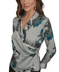 Donna Karan New York Petites Long-Sleeve Printed Shawl-Collar Blouse