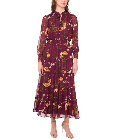 Msk Women's Long-Sleeve Tie-Neck Smocked-Waist Maxi Dress