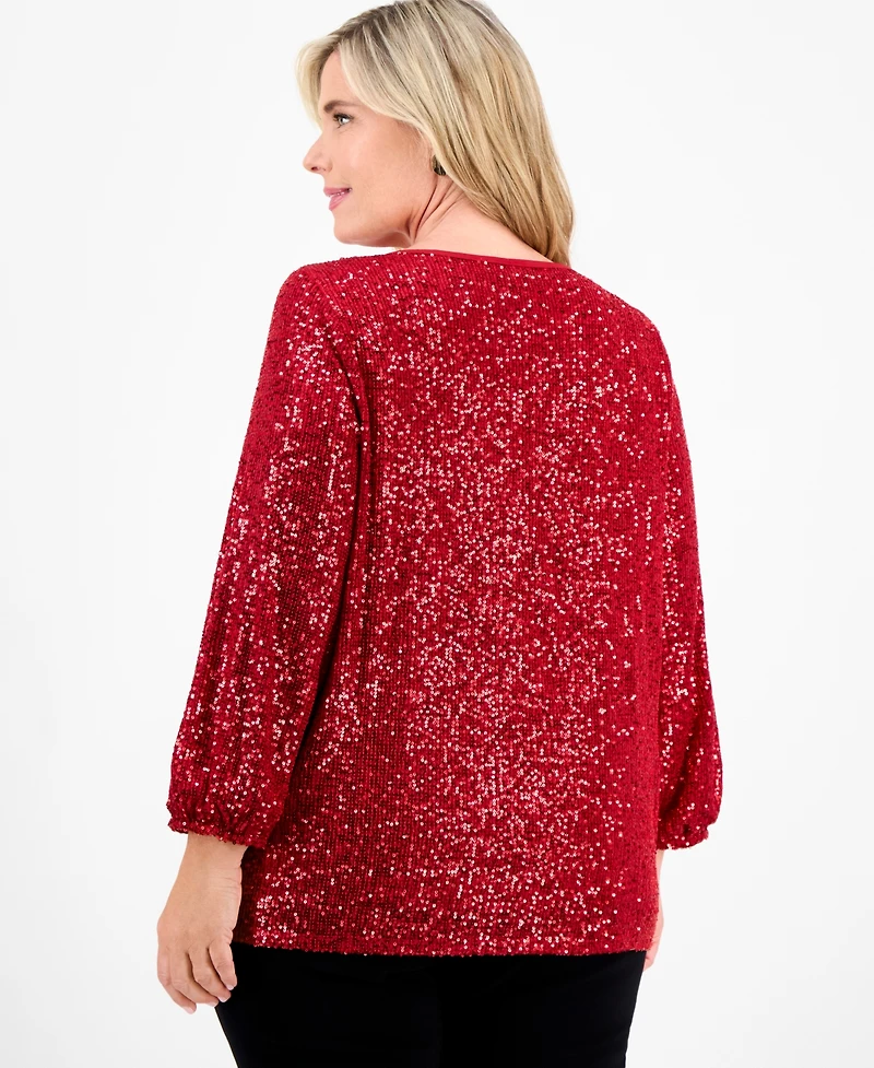Jm Collection Plus Sequinned V-Neck 3/4-Sleeve Top, Macy's Exclusive