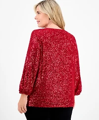 Jm Collection Plus Sequinned V-Neck 3/4-Sleeve Top, Macy's Exclusive