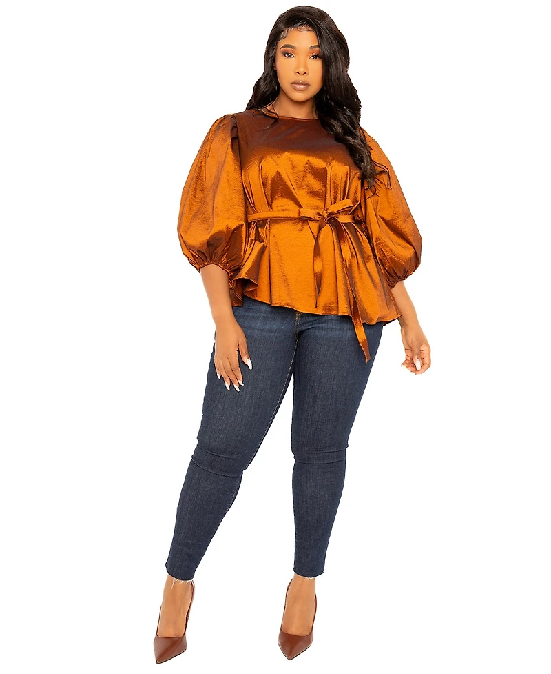 Buxom Couture Plus Size Tie Waist Voluminous Sleeve Blouse