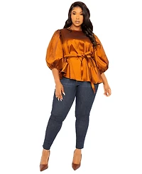 Buxom Couture Plus Size Tie Waist Voluminous Sleeve Blouse