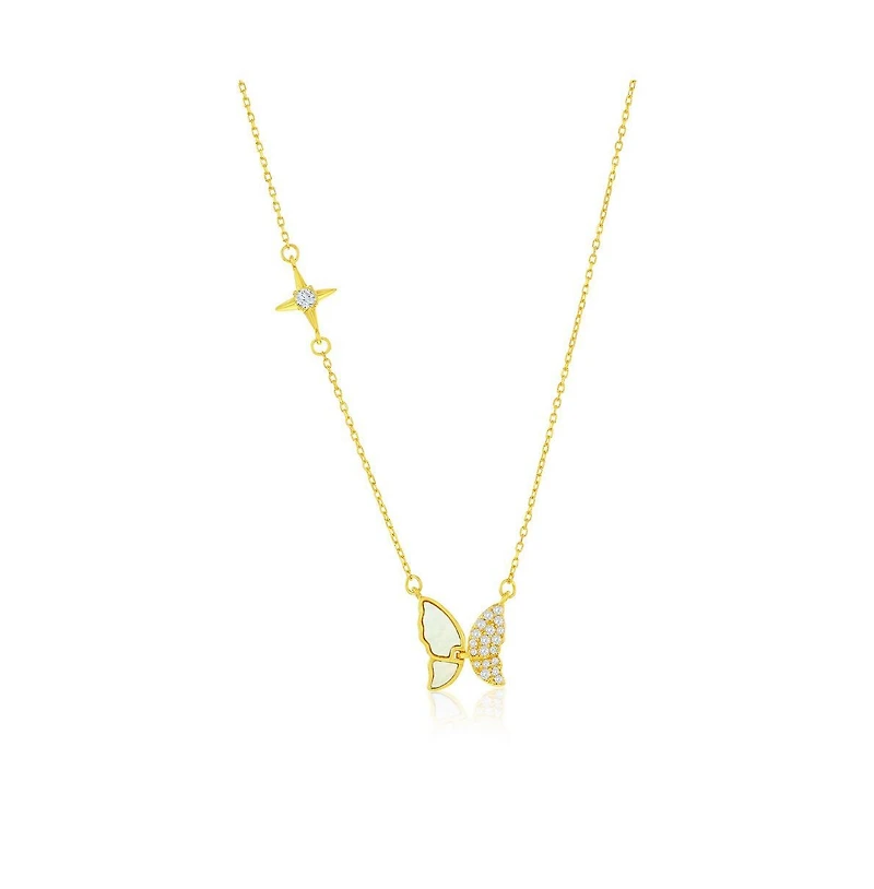 Caribbean Treasures Sterling Silver, Mop & Cz Butterfly Necklace - Gold Plated