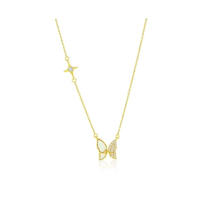 Caribbean Treasures Sterling Silver, Mop & Cz Butterfly Necklace - Gold Plated
