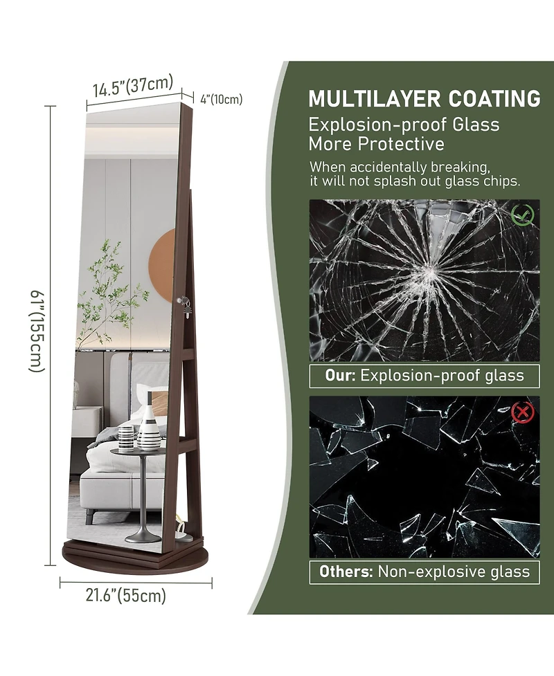 Vlsrka A 360° swivel standing jewelry mirror cabinet with storage shelves, full-length mirror, and Led lights.