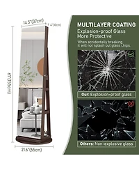 Vlsrka A 360° swivel standing jewelry mirror cabinet with storage shelves, full-length mirror, and Led lights.