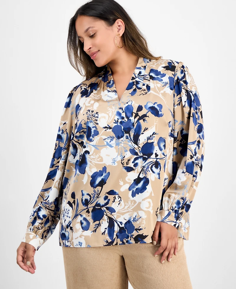 Kasper Plus Pleated V-Neck Floral Print Blouse