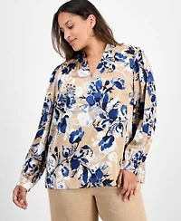 Kasper Plus Pleated V-Neck Floral Print Blouse