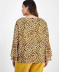 Kasper Plus Tiered Ruffle-Sleeve Printed Blouse