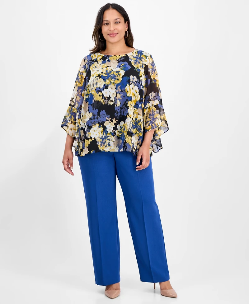 Kasper Plus 3/4-Ruffle Sleeve Printed Blouse
