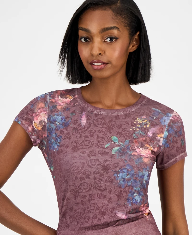 Guess Women's Peony-Print Round-Neck Burnout T-Shirt