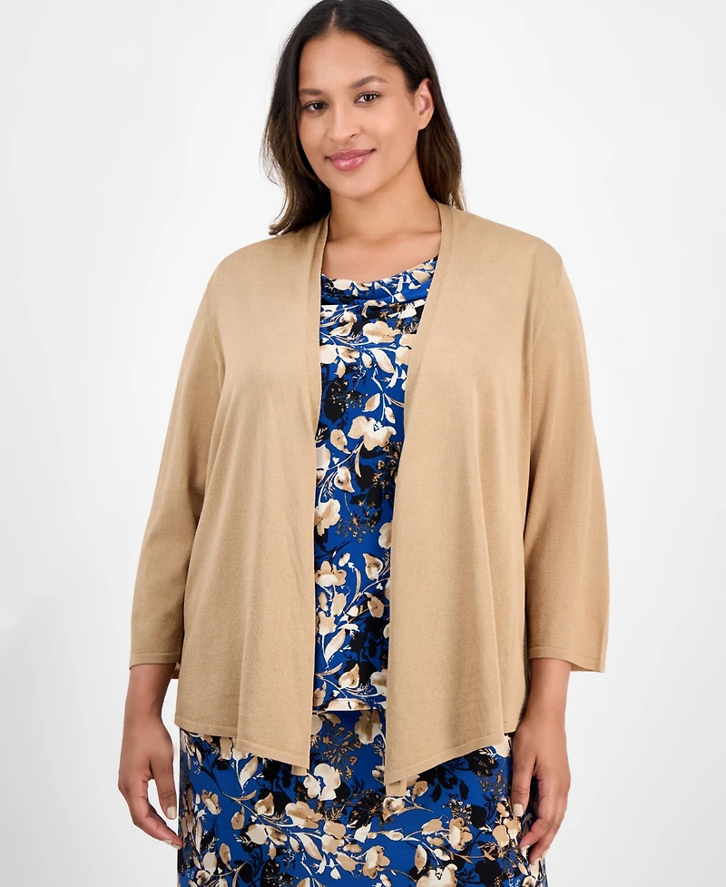 Kasper Plus 3/4-Sleeve Open-Front Cardigan