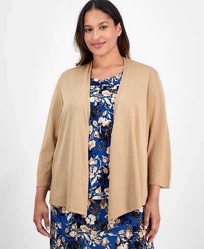 Kasper Plus 3/4-Sleeve Open-Front Cardigan
