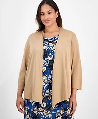 Kasper Plus 3/4-Sleeve Open-Front Cardigan