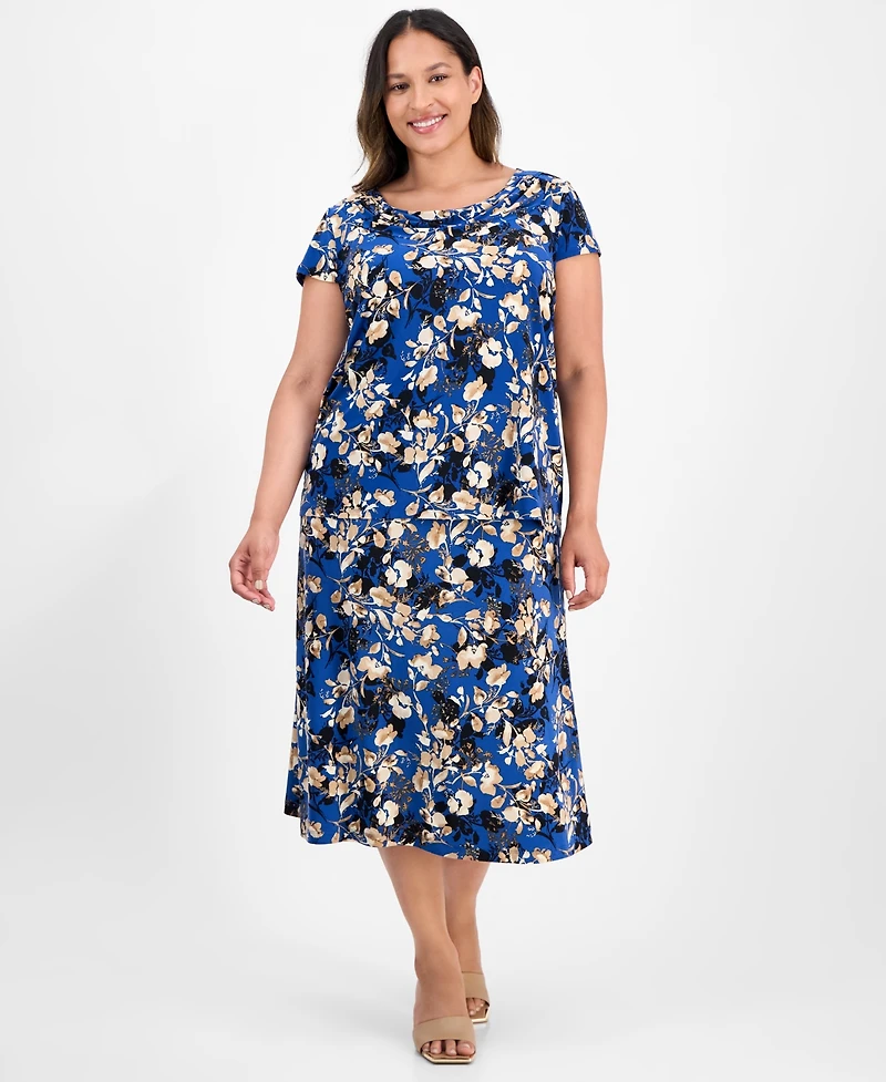 Kasper Plus Printed Cap-Sleeve Cowlneck Blouse