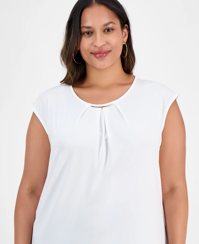 Kasper Plus Pleat-Neck Cap-Sleeve Blouse