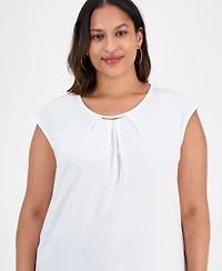 Kasper Plus Pleat-Neck Cap-Sleeve Blouse