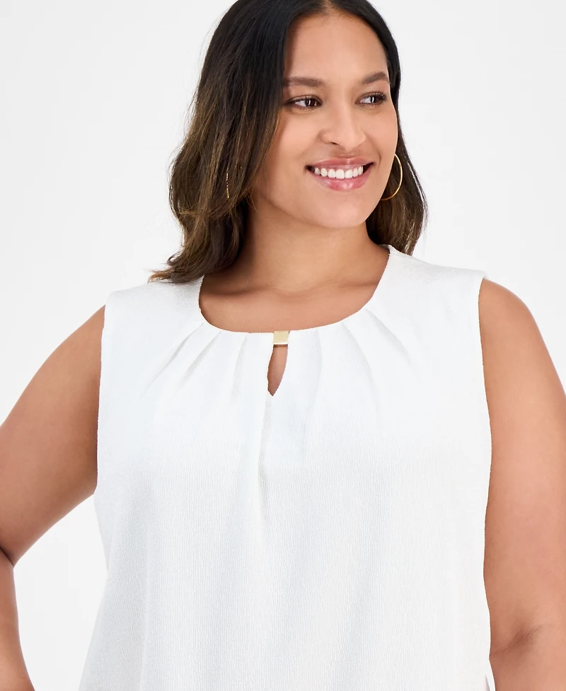 Kasper Plus Pleated-Neck Textured Top