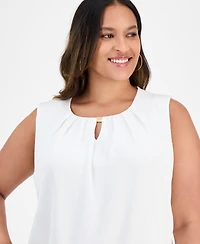 Kasper Plus Pleated-Neck Textured Top