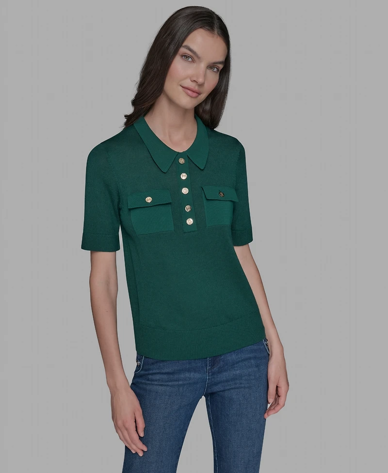 Karl Lagerfeld Paris Petite Point Collar Short-Sleeve Knit Top