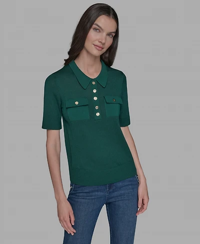 Karl Lagerfeld Paris Petite Point Collar Short-Sleeve Knit Top