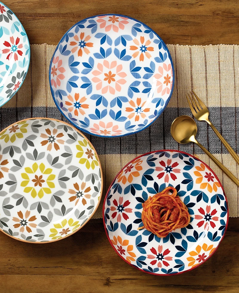 Lorren Home Trends Geo Floral Pasta Bowls, Assorted Set of 4