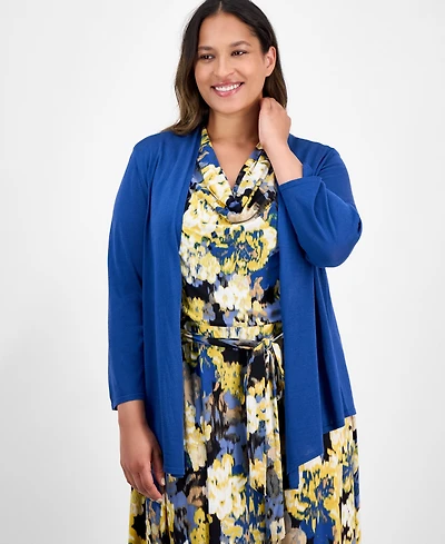 Kasper Plus 3/4-Sleeve Open-Front Cardigan