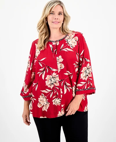 Jm Collection Plus Beaded-Trim Floral 3/4-Sleeve Top, Macy's Exclusive