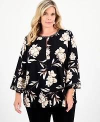 Jm Collection Plus Size Beaded-Trim Floral 3/4-Sleeve Top, Macy's Exclusive