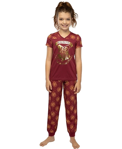 Harry Potter Short Sleeve Hogwarts Girls' 2-Piece Athletic Jogger Pant Kids Pajama Set