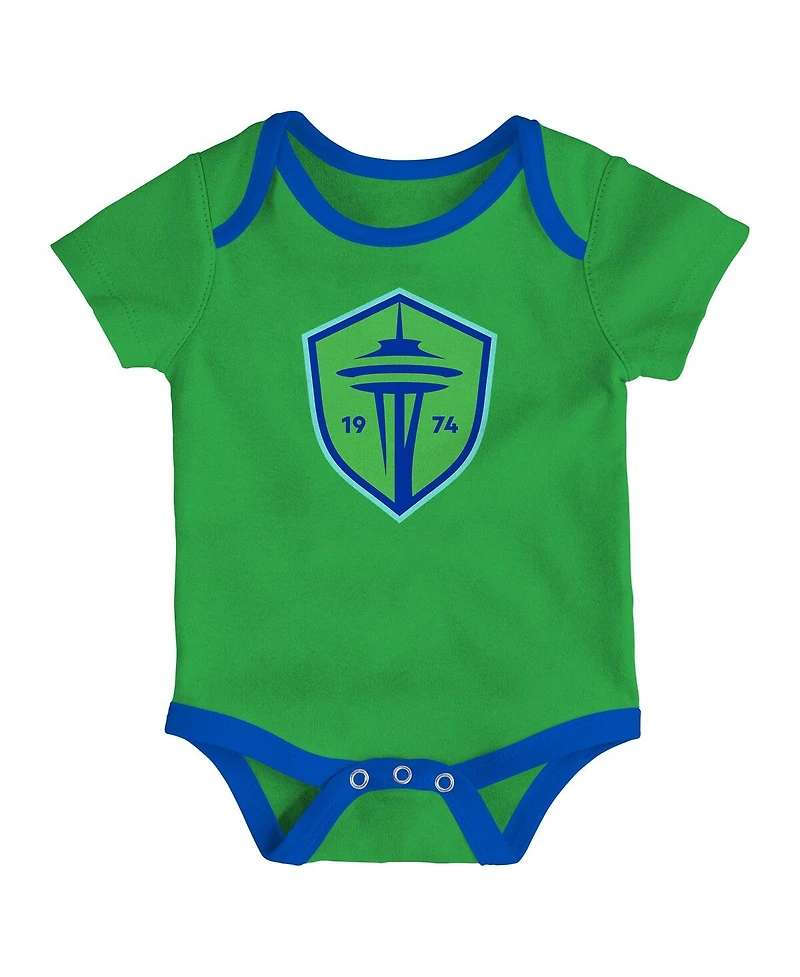 Outerstuff Newborn 3-Pack Green/Heather Gray/Blue Seattle Sounders Fc Loyal Buddies Bodysuit Set