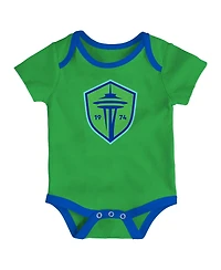 Outerstuff Newborn 3-Pack Green/Heather Gray/Blue Seattle Sounders Fc Loyal Buddies Bodysuit Set