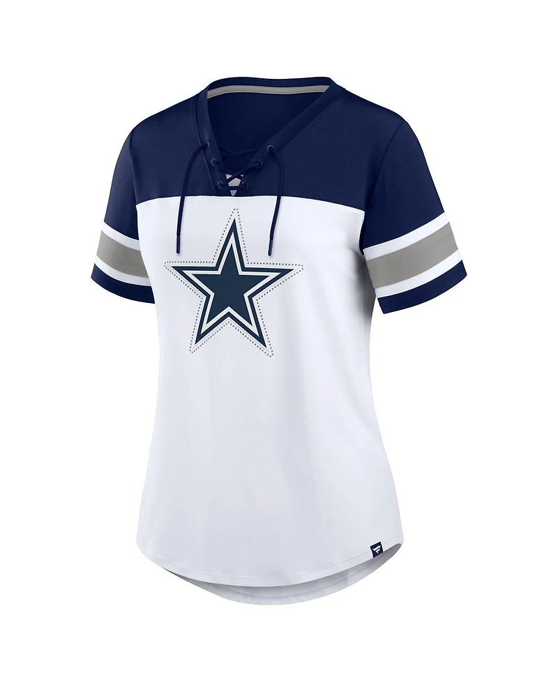 Fanatics Women's White/Navy Dallas Cowboys Athena Rhinestone Lace-Up V-Neck T-Shirt