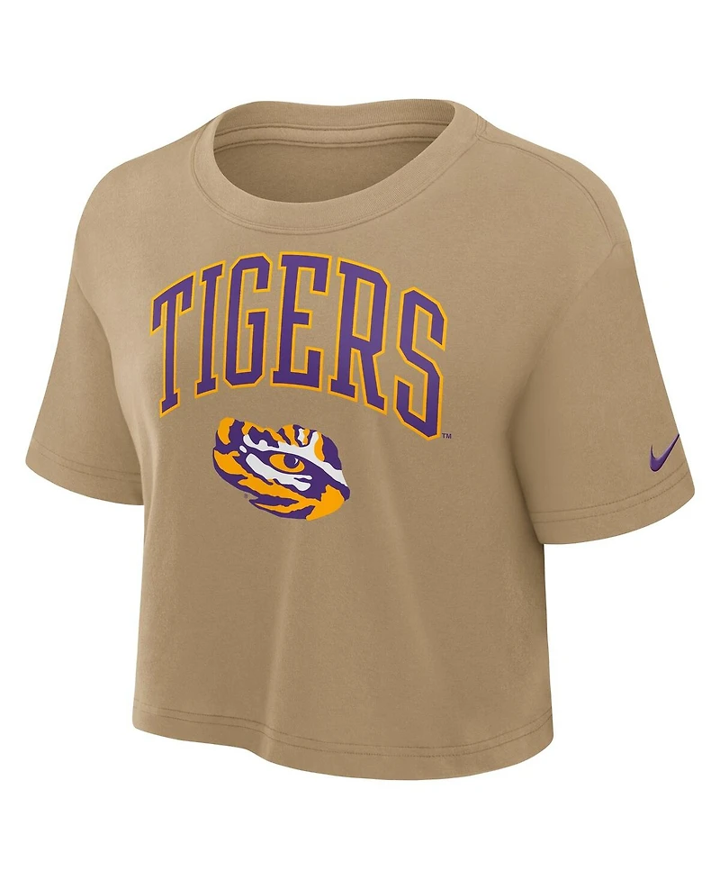 Nike Women's Tan Lsu Tigers Power Pursuit Athletic Prep Arch Performance Cropped T-Shirt