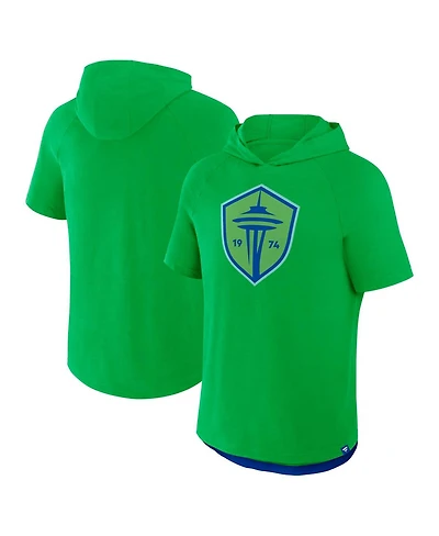 Fanatics Men's Rave Green Seattle Sounders Fc Hat Trick Stadium Slub Raglan Short Sleeve Pullover Hoodie T-Shirt