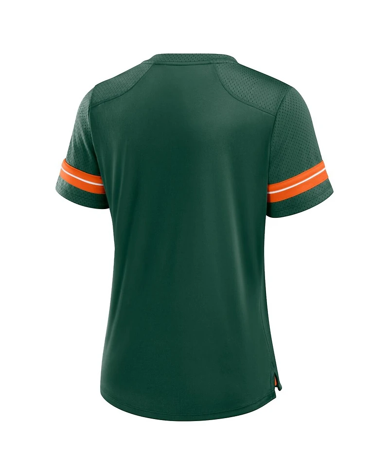 Fanatics Women's Green Miami Hurricanes Fundamental Overtime Readiness Athena Lace-Up V-Neck T-Shirt