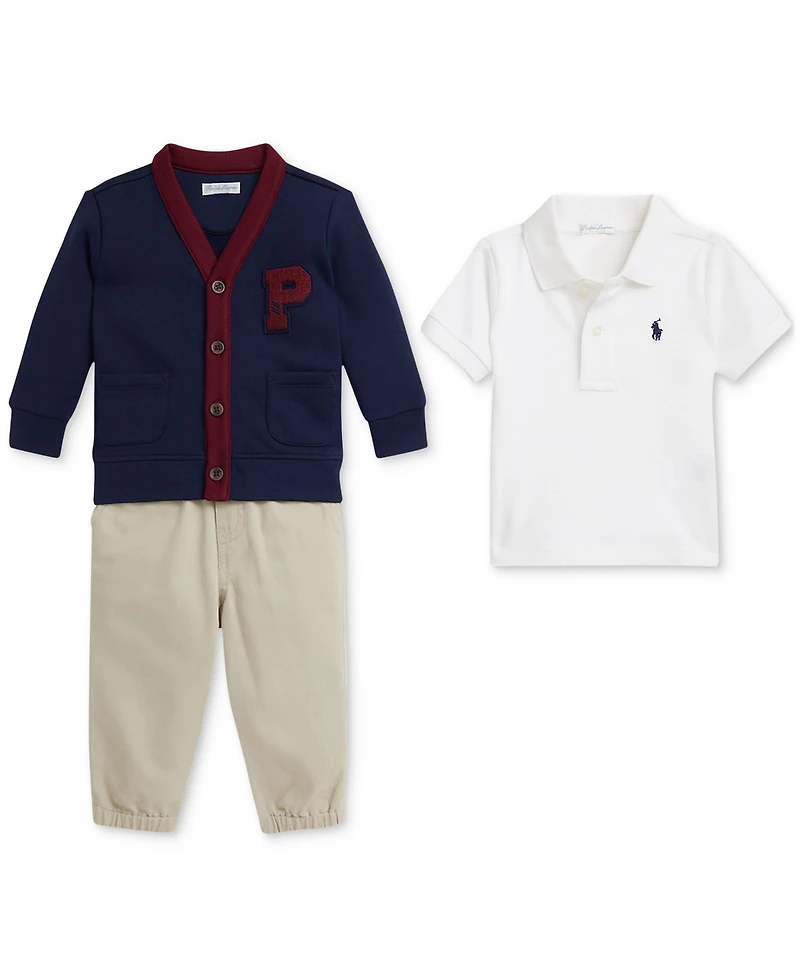 Polo Ralph Lauren Baby Boys Fleece Cardigan, Mesh Shirt & Chino Pant Set