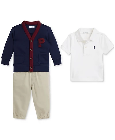Polo Ralph Lauren Baby Boys Fleece Cardigan, Mesh Shirt & Chino Pant Set