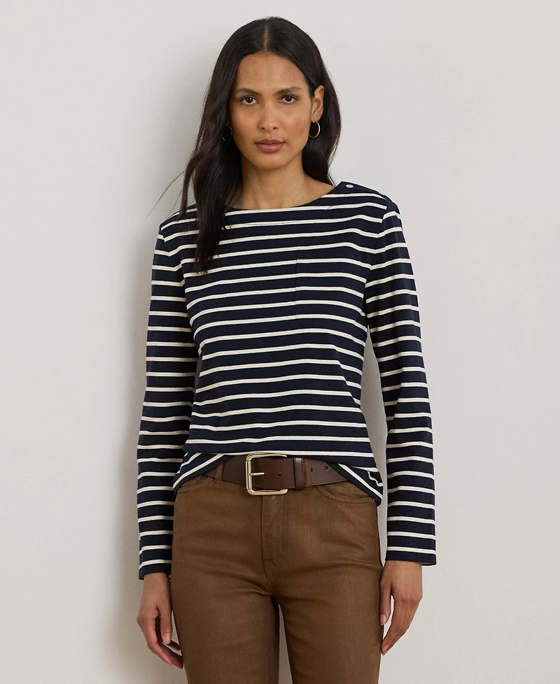 Lauren Ralph Women's Striped Jersey Snap-Trim Boatneck Top