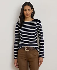 Lauren Ralph Women's Striped Jersey Snap-Trim Boatneck Top