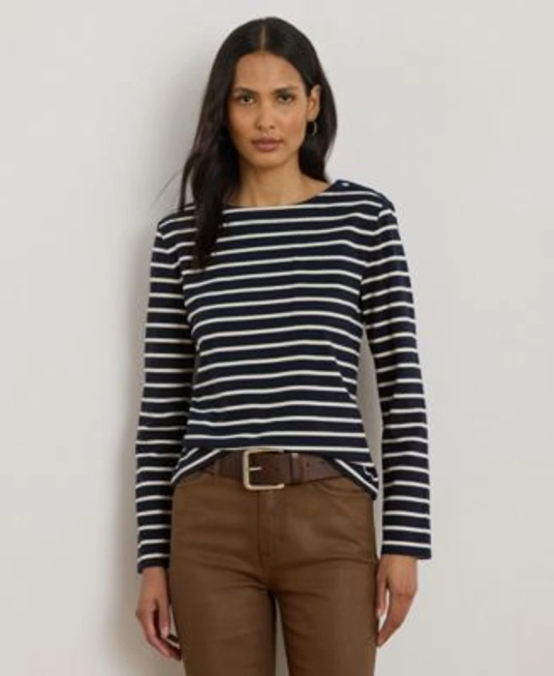 Lauren Ralph Lauren Womens Striped Jersey Snap Trim Boatneck Top P Xs 3x
