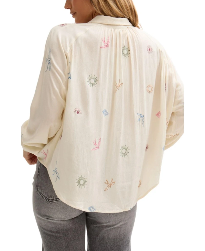 Lily and Lionel London Women's Swallow Crinkle Embroidered Shirt