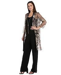 R & M Richards Women's Embellished Sheer Long Jacket, Sleeveless Top and Pants Set