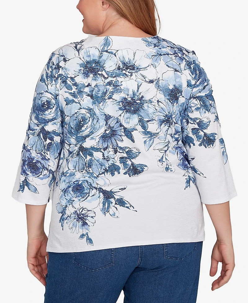 Alfred Dunner Plus Floral Split Beaded Keyhole Neck Top