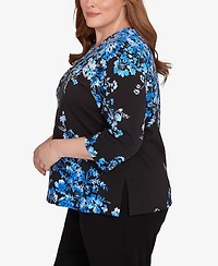 Alfred Dunner Plus Floral Asymmetric Three Quarter Sleeve Top