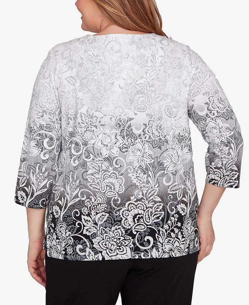 Alfred Dunner Plus Ombre Scroll Split Beaded Neck Top
