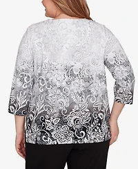 Alfred Dunner Plus Ombre Scroll Split Beaded Neck Top